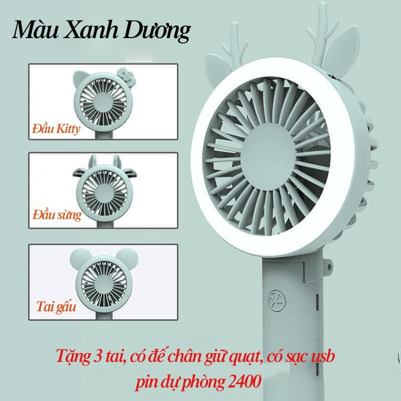 Quạt MINI cầm tay iMeBoBo Sạc Tích Điện Pin 2400 mAh Sử Dụng 4 - 10 Giờ, 3 bộ Tai Thú, Đèn LeD Cute, có chân đế, gấp gọn, dây sạc, dây đeo