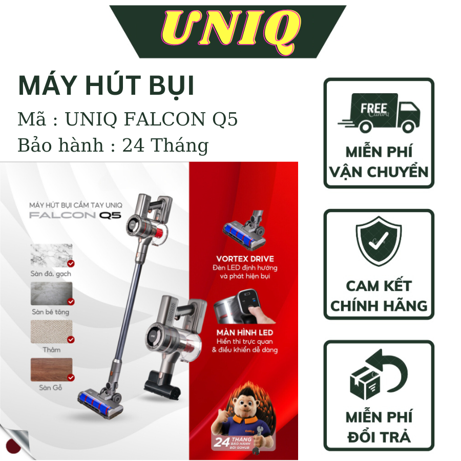 Máy Hút Bụi Không Dây Cầm Tay Mini UNIQ Falcon Q5 Cao Cấp bản nâng cao Lực Siêu Mạnh Pin Sạc Gia Đình Giường Đệm Nệm Sofa Ô Tô