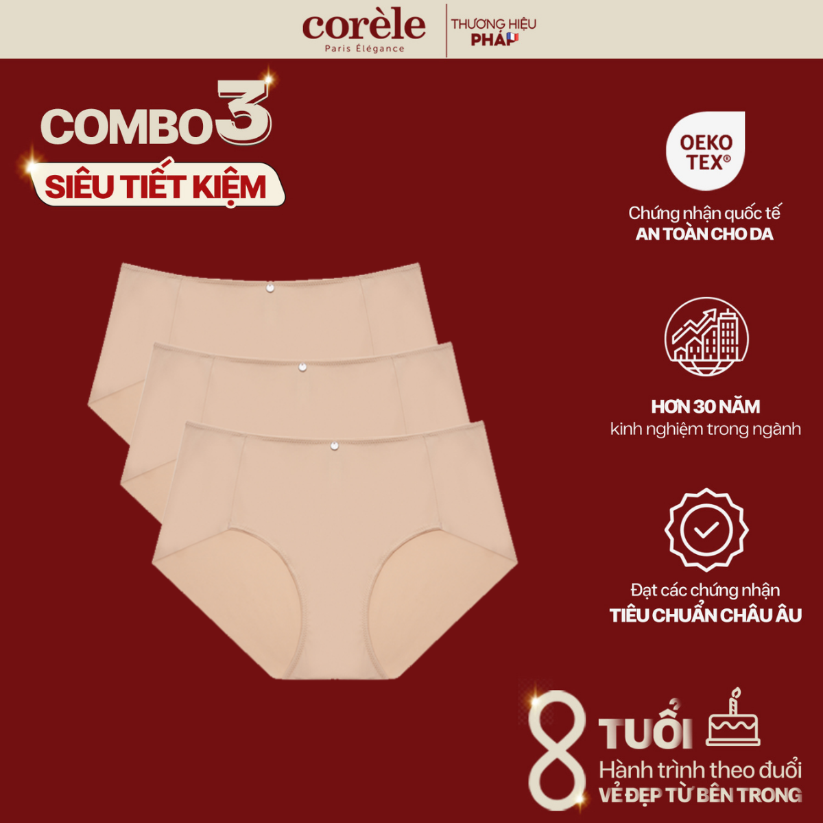 Combo 3 quần lót nữ Corèle lưng vừa, thun lạnh cao cấp, viền mảnh không lộ viền, chuẩn an toàn quốc tế OEKO-TEX từ Corèle V Pháp - 02156A