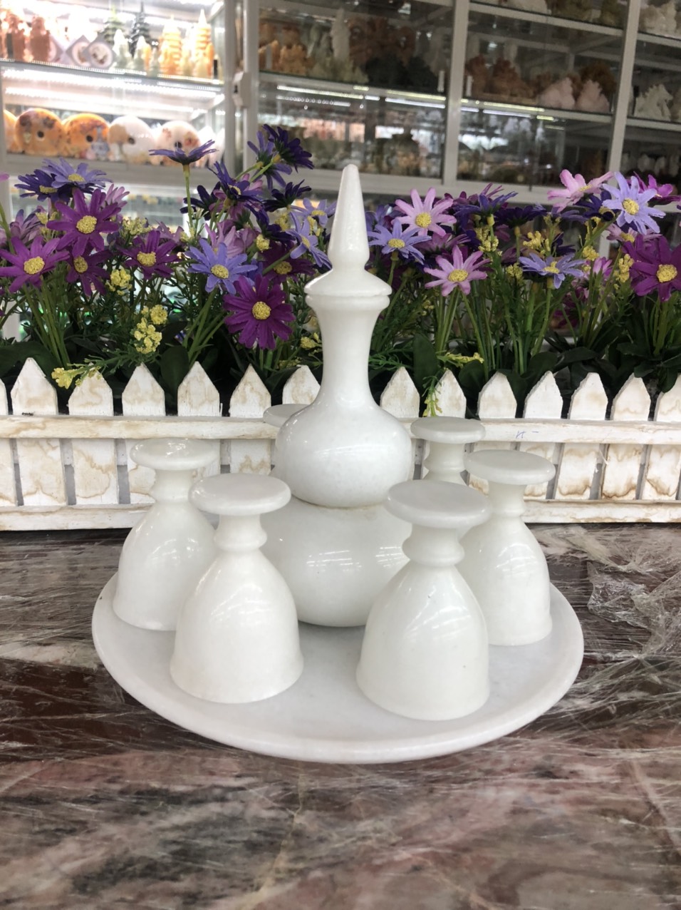 Bộ ấm chén bầu hồ lô rót rươu đá cẩm thạch trắng
