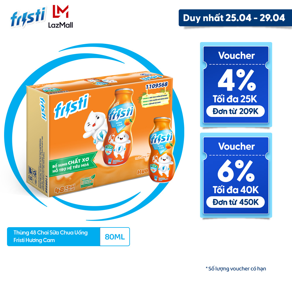 [25 - 29/4 VOUCHER ĐẾN 1 TRIỆU]Thùng 48 Chai Sữa Chua Uống Fristi Hương Cam 80ml (48x80ml)