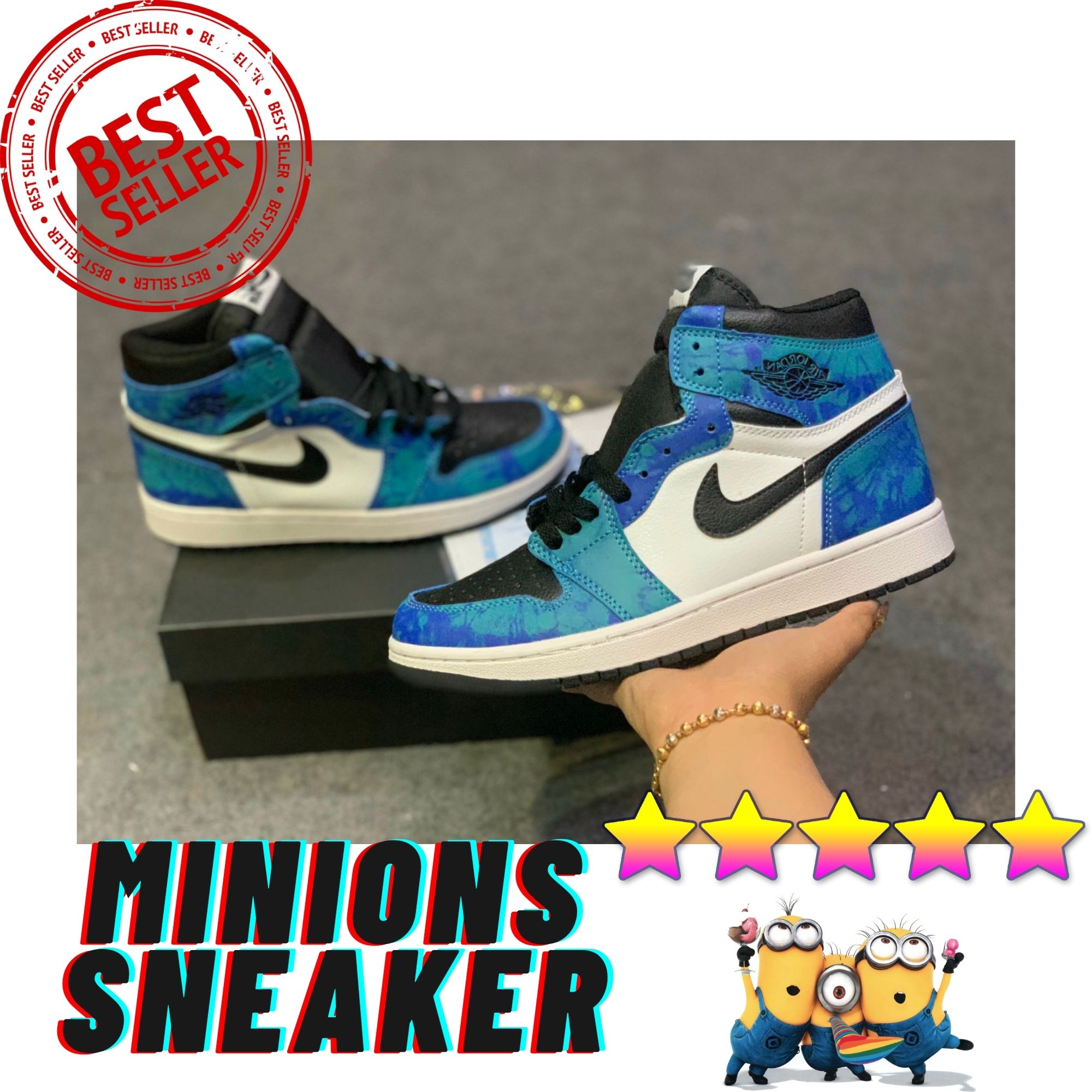 Giày sneaker bóng rổ njd1 da 1x1 cổ cao trắng xanh dương - nam nữ