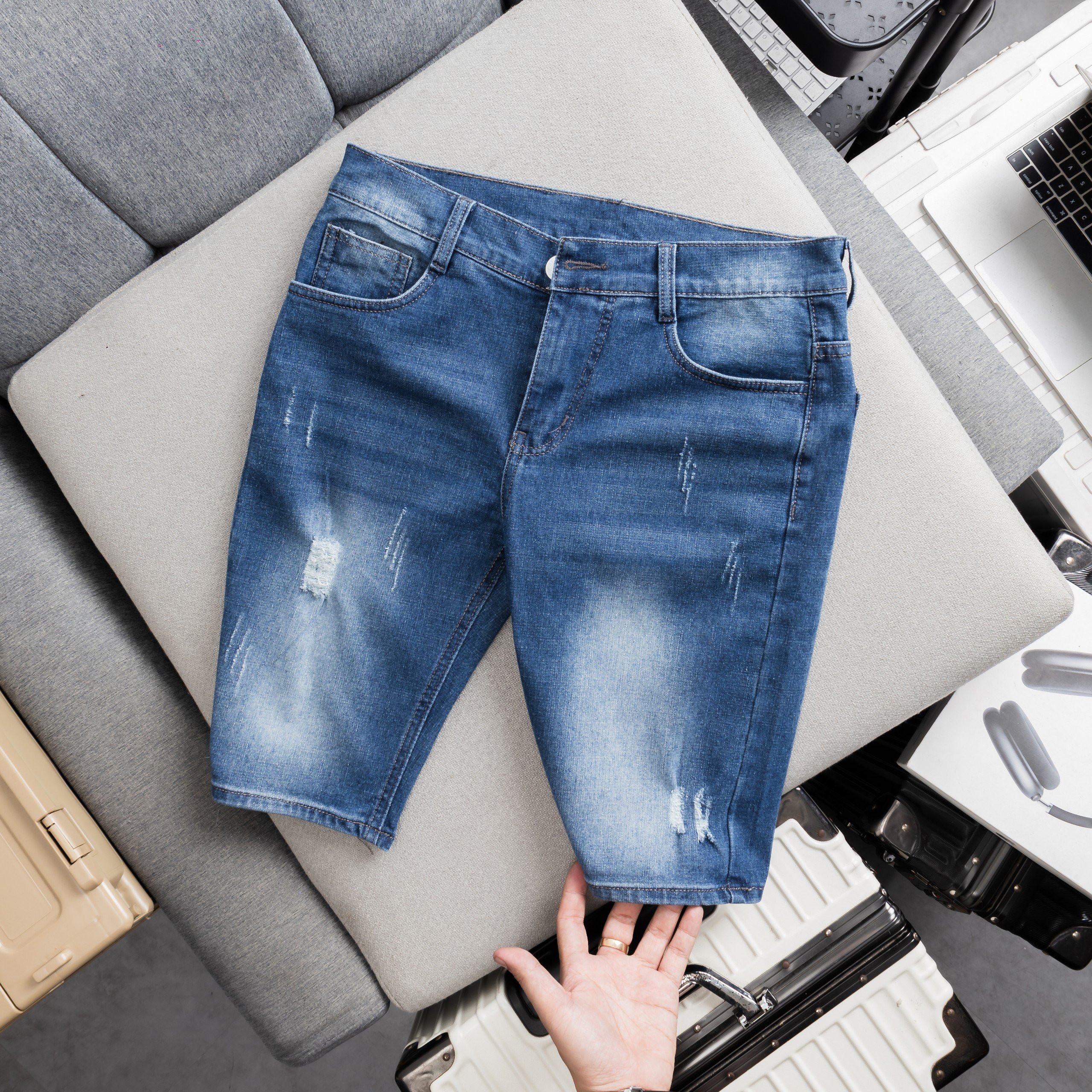 Quần jean short nam hnk03 quần bò short nam co giãn tốt khoá kéo nút gài hàng mới hình thật