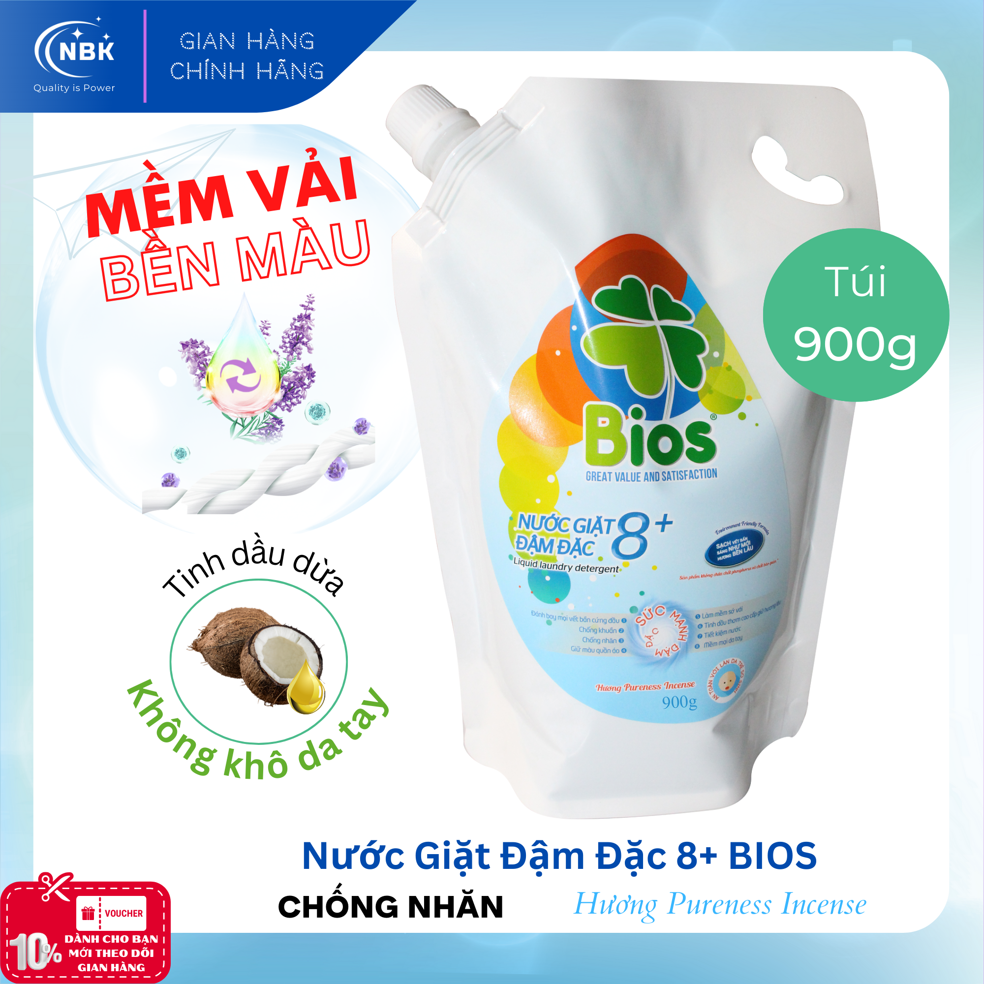 BIOS Liquid Laundry Detergent Clean and Gentle - Ultra Stain Remover, Color Protector, Pureness Incense 900g/Pack