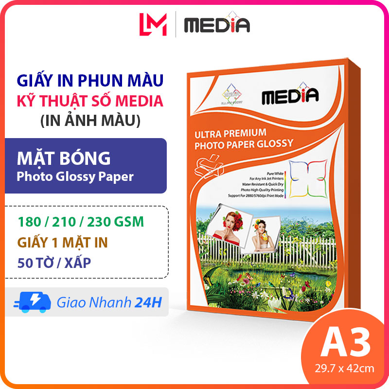 Giấy In Ảnh Media A3 Bóng 1 Mặt In 180/210/230gsm 50 Tờ, Giấy Ảnh Glossy Photo Paper 30x42, Giấy In Phun Màu A3