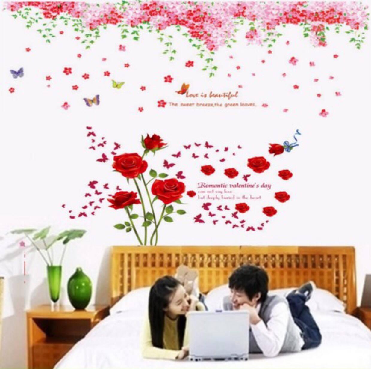 Combo 2 bức decal dán tường hoa anh đào kết hợp hoa hồng đỏ