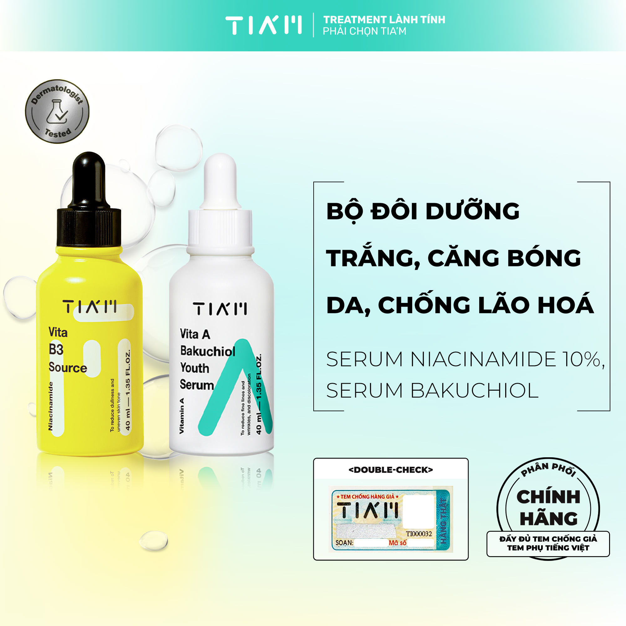 Bộ đôi dưỡng trắng, căng bóng da, chống lão hoá serum niacinamide 10%, serum tia'm bakuchiol 40ml