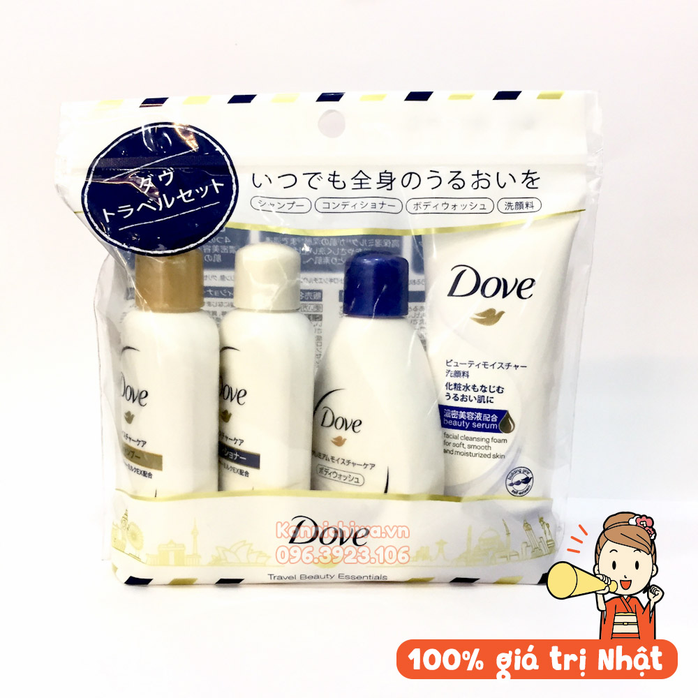 Set du lịch 4 sản phẩm dầu gôi, xả, sữa tắm, sữa rửa mặt DOVE mini tiện dụng