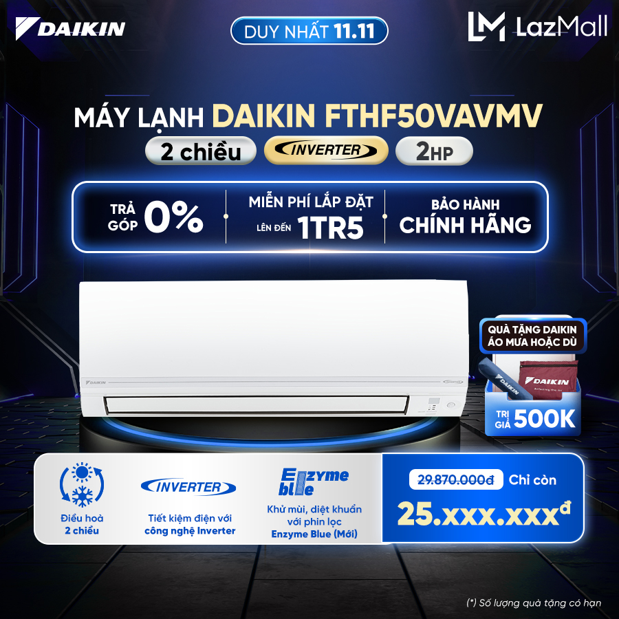 [MIỄN PHÍ LẮP ĐẶT 1TR5] - Điều hòa Daikin Inverter 2 chiều FTHF50VAVMV - 2HP (18000BTU)