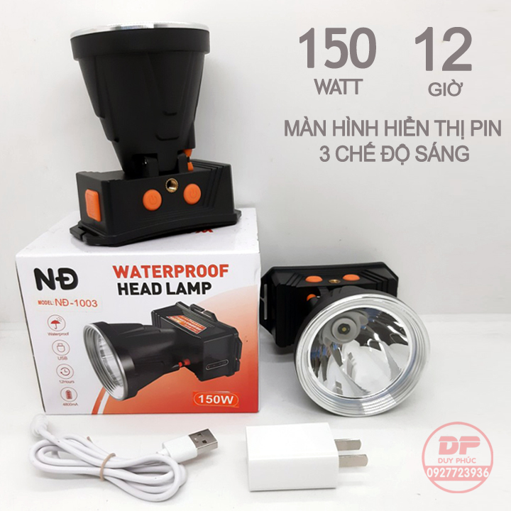 Đèn đội đầu pin sạc led 150W siêu sáng NĐ 1003 - kín nước - pin sạc dung lượng cao - hiển thị pin