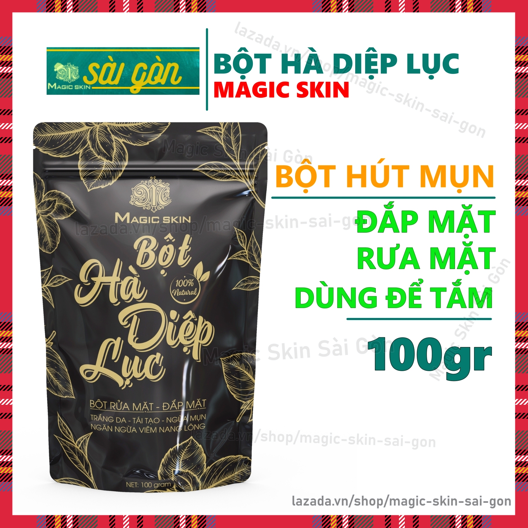 Bột Hà Diệp Lục Bột đắp mặt rửa mặt HÚT MỤN, Sáng Da chiết xuất Thiên Nhiên Magic Skin