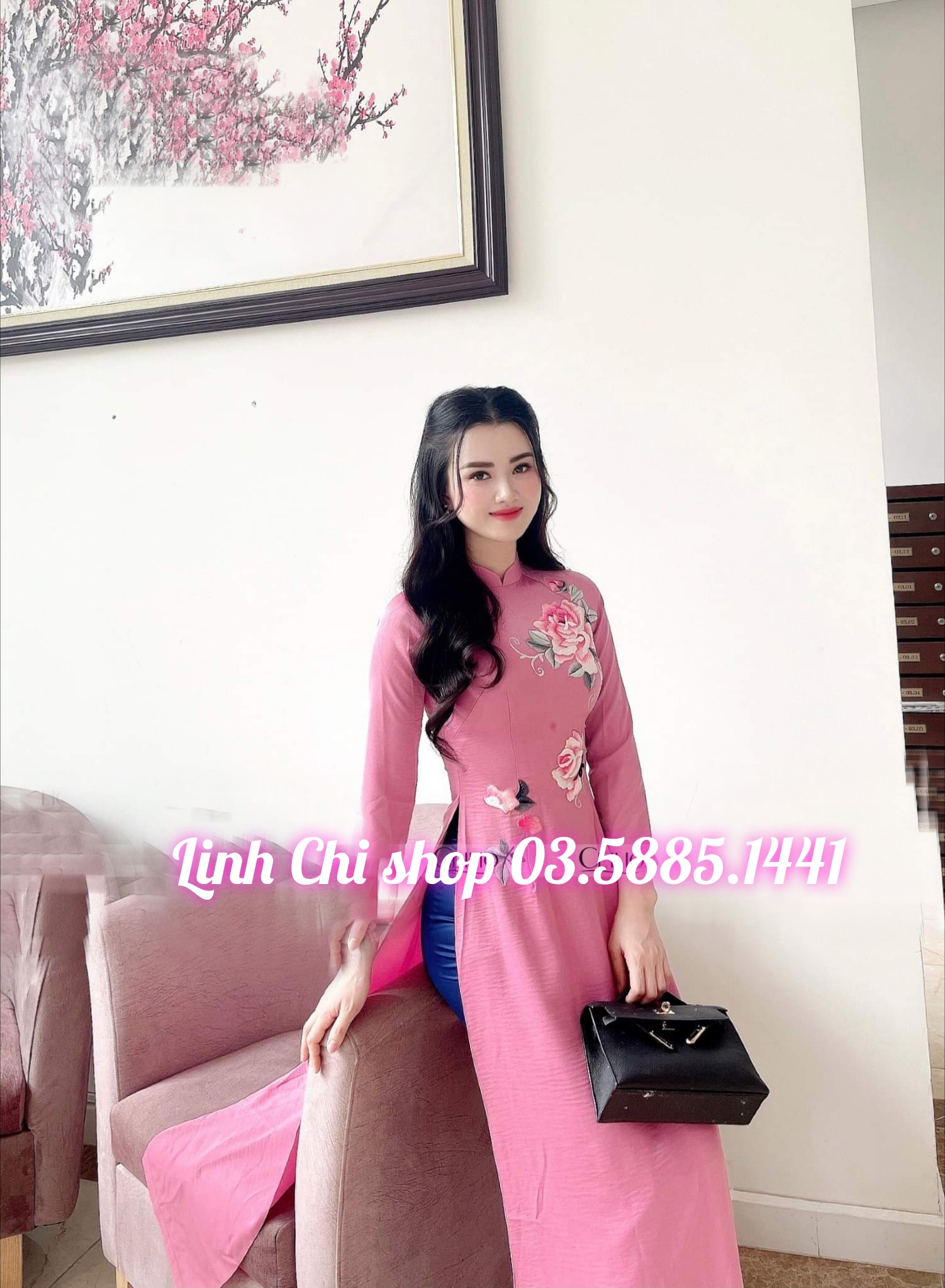 Áo dài thêu cao cấp 2023 hồng đỗ