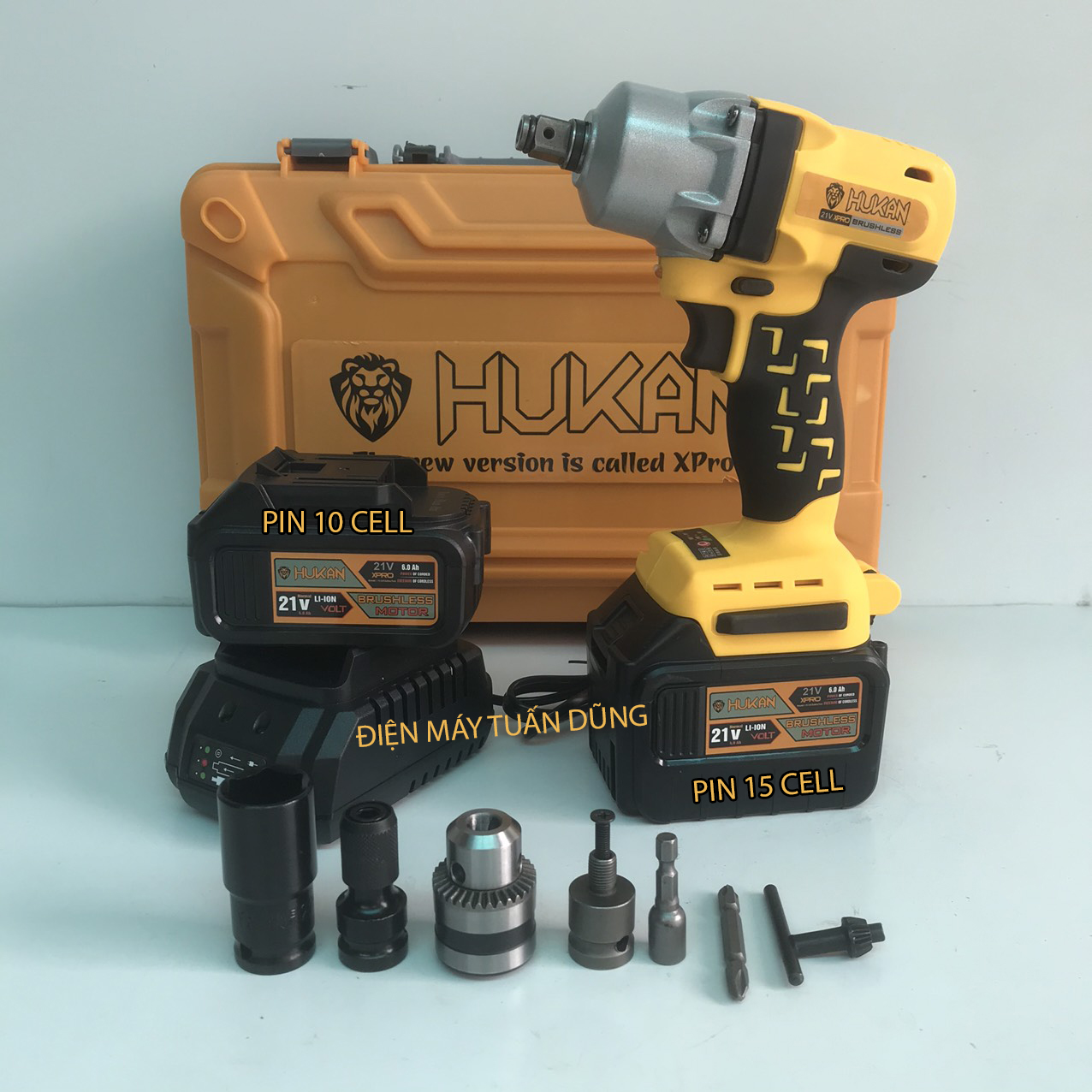 Máy siết bulong dùng pin không chổi than 21v hukan tặng bộ đầu chuyển đổi