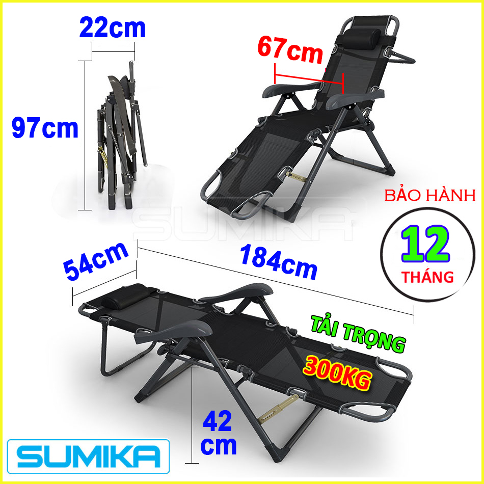 Ghế gấp xếp thư giãn cao cấp Sumika 168 (bảo hành 1 năm) tải trọng 300kg, tặng khay để ly, vừa làm ghế và làm giường, ghế bố, ghế văn phòng, ghế nghỉ trưa, ghế ngoài trời, ghế sân vườn