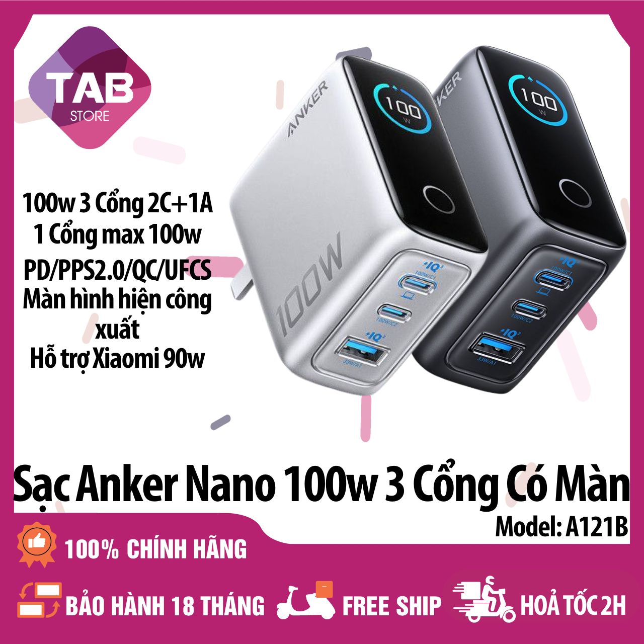 Sạc Anker Nano 100W 2C1A PD3.1 QC PPS2.0 UFCS Màn Hình Báo Công Suất A121B - Bảo Hành 18 Tháng