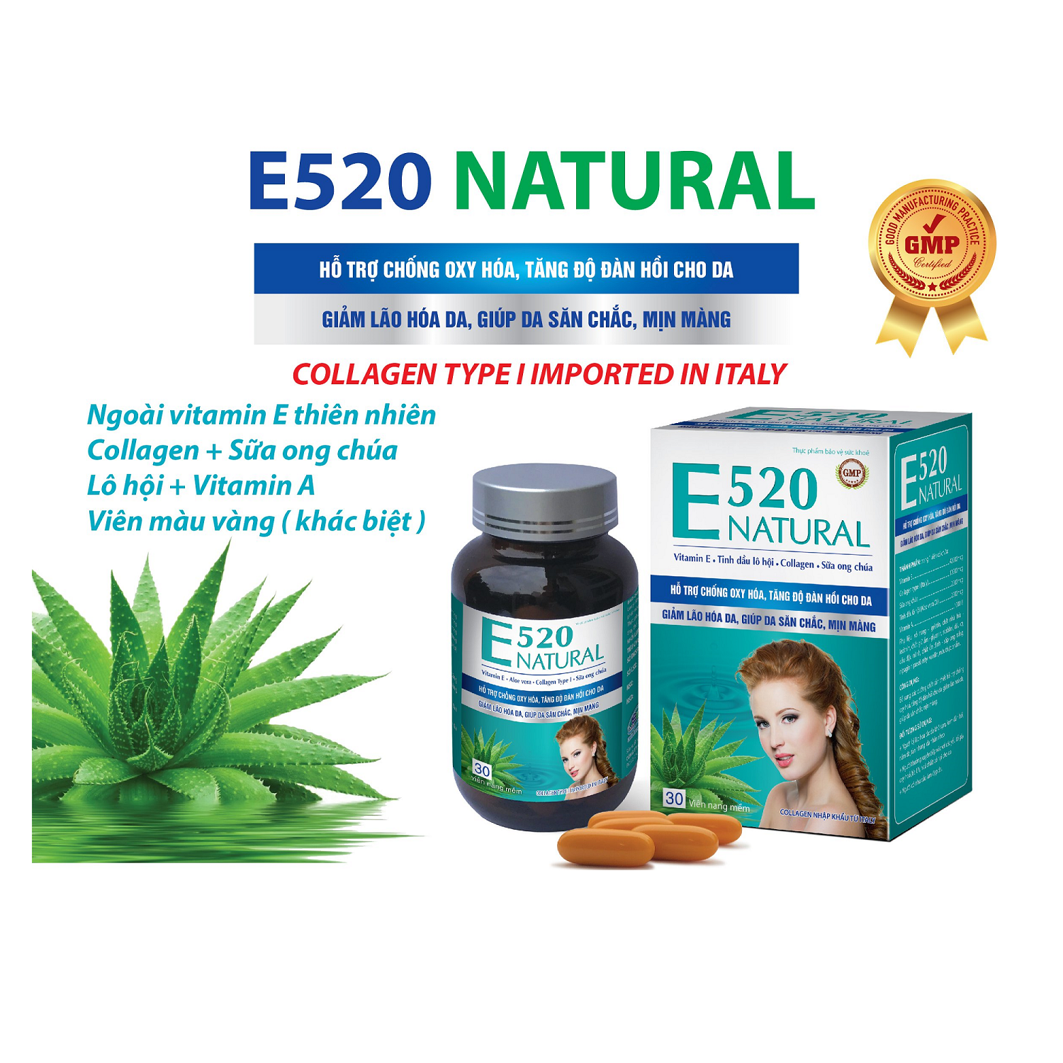 Viên Uống Bổ Sung Vitamin E - Giúp Đẹp Da, Mờ Nám, Sáng Da - E520 Natural Bổ Sung Collagen - Sữa Ong Chúa - Lô Hội - Lọ 30 Viên