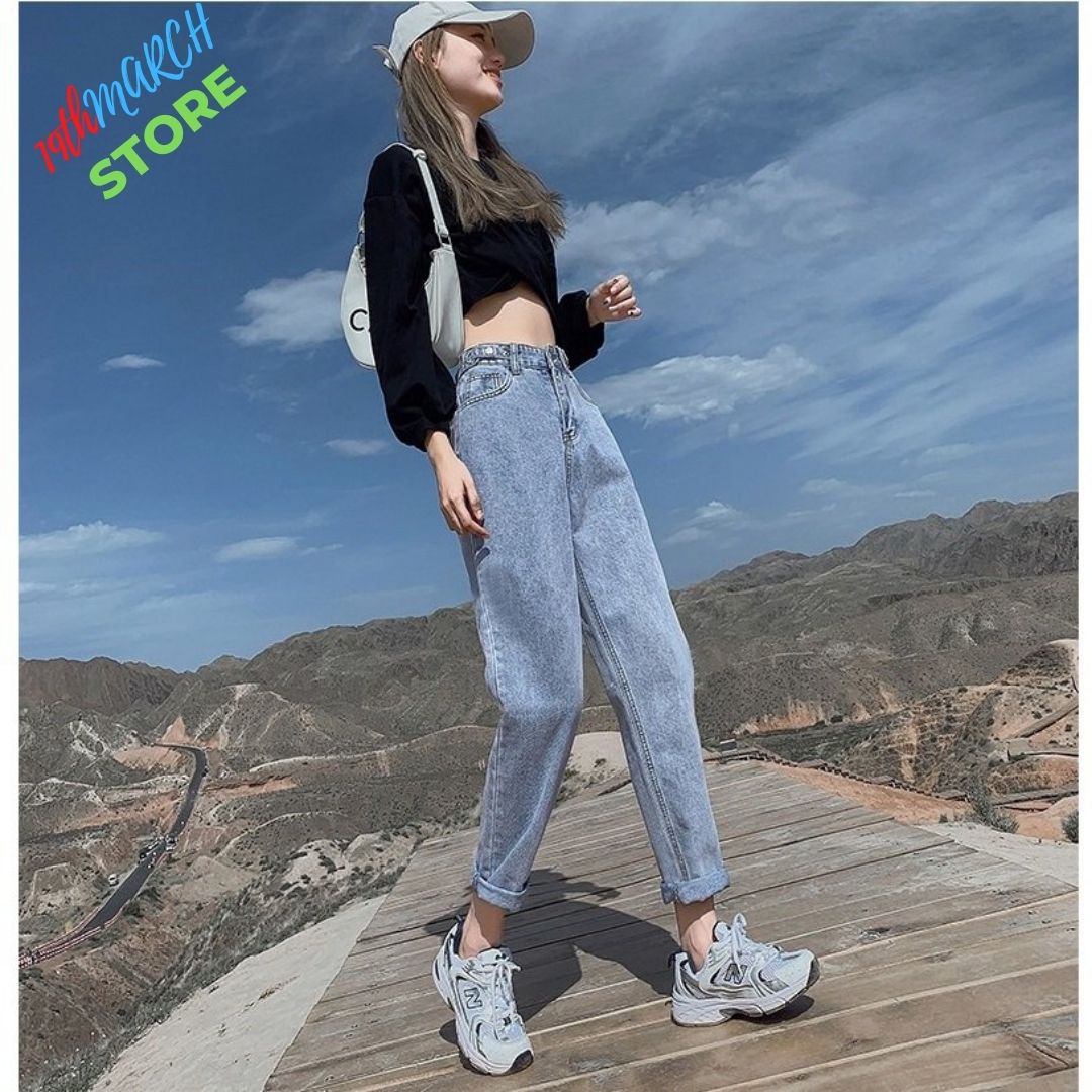 Quần Baggy jean nữ lưng cao phong cách, Quần bò nữ, Cạp quần cao vừa phải chất bò mịn đẹp J19