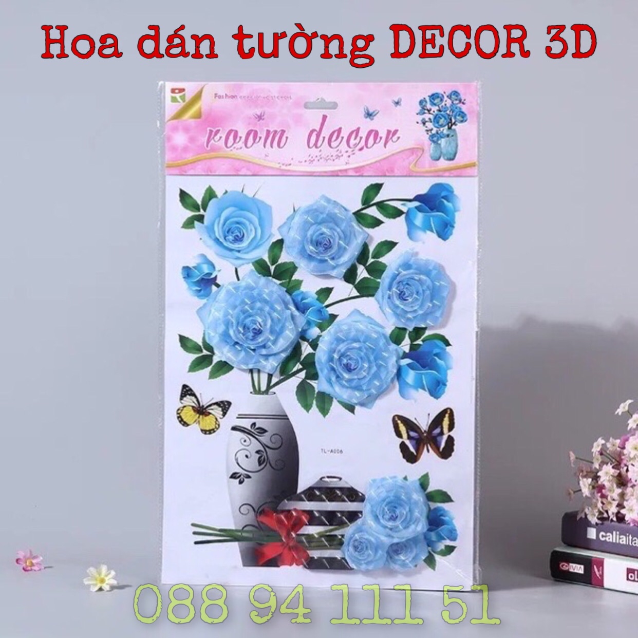 Tranh dán tường 3D hình bình hoa - Tranh Decor 3D bình hoa