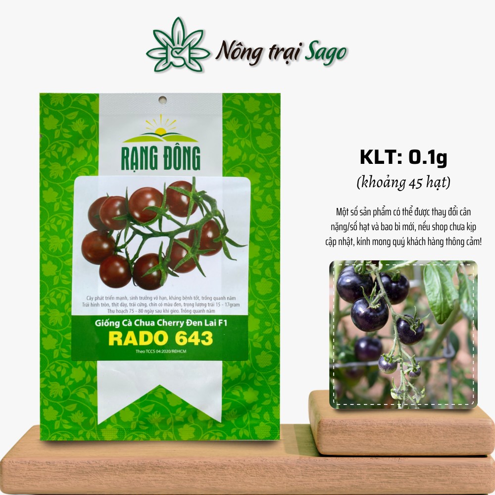 Hạt giống Cà Chua Cherry Đen Lai F1 Rado 643 (0,1g~45 hạt) chịu nhiệt tốt, dễ chăm sóc, trồng quanh năm, hiệu Hạt giống Rạng Đông - Nông Trại Sago