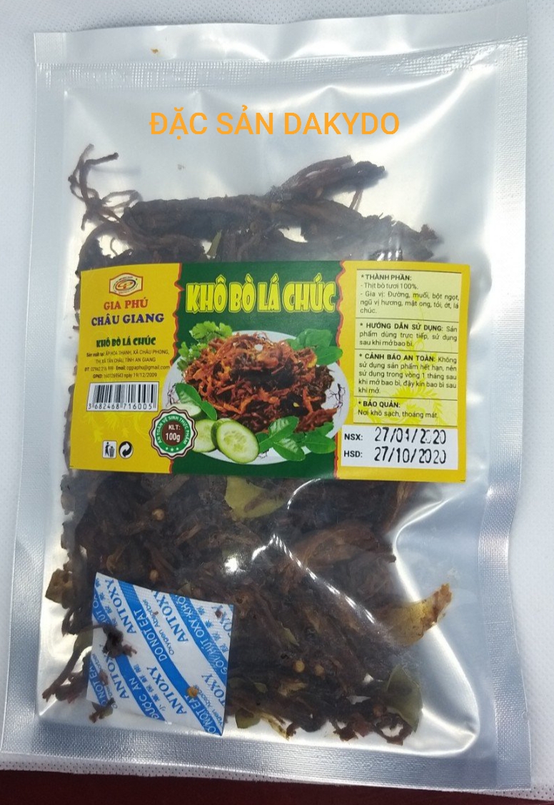 Khô bò lá chúc Châu Giang, 100g, thương hiệu đặc sản Dakydo , ăn là ghiền.