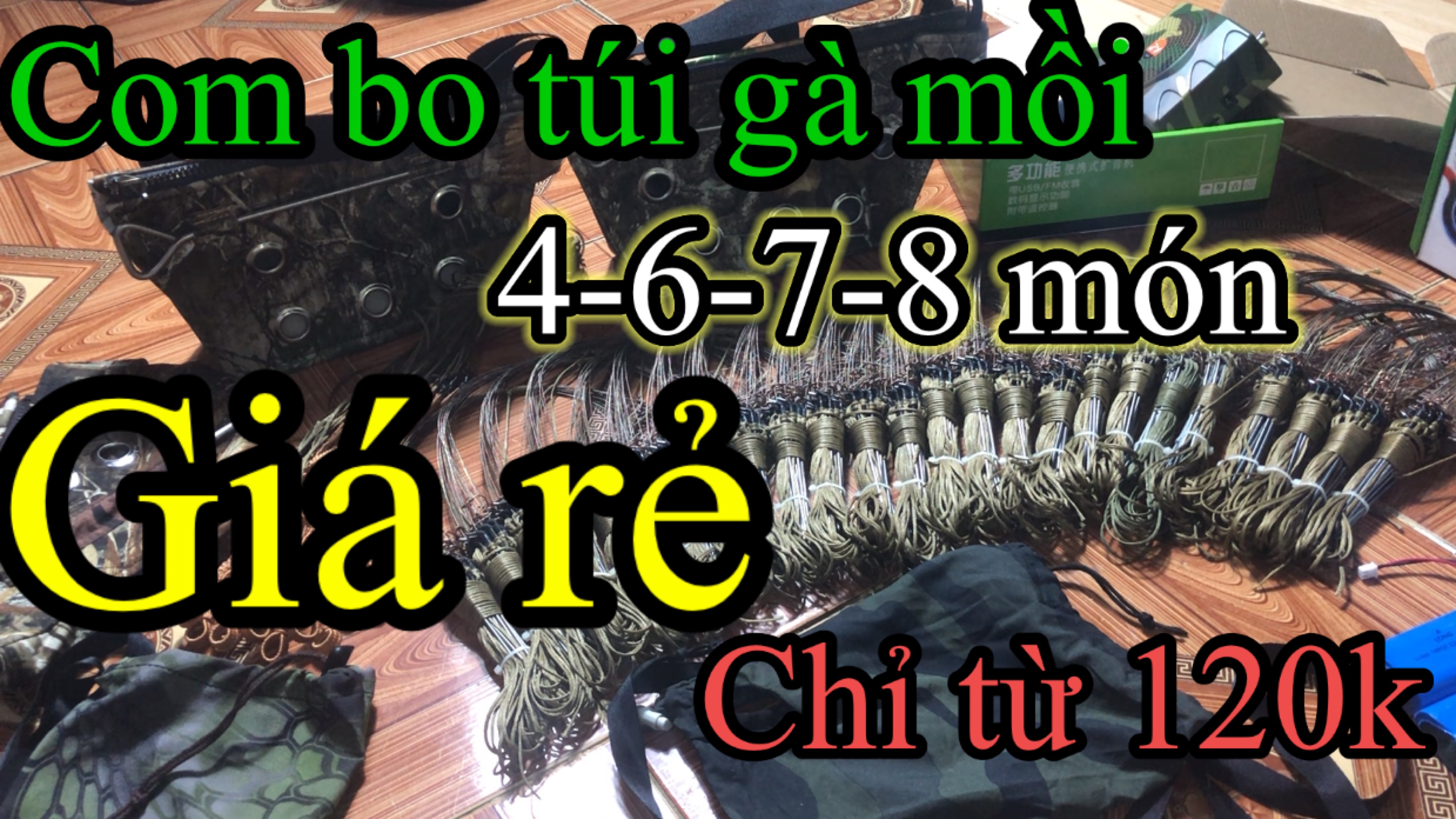 Combo túi gà mồi 6 món gồm 2 giò gà rừng chân thép , túi đụng mồi , túi bổi , xích chân . cọc inox