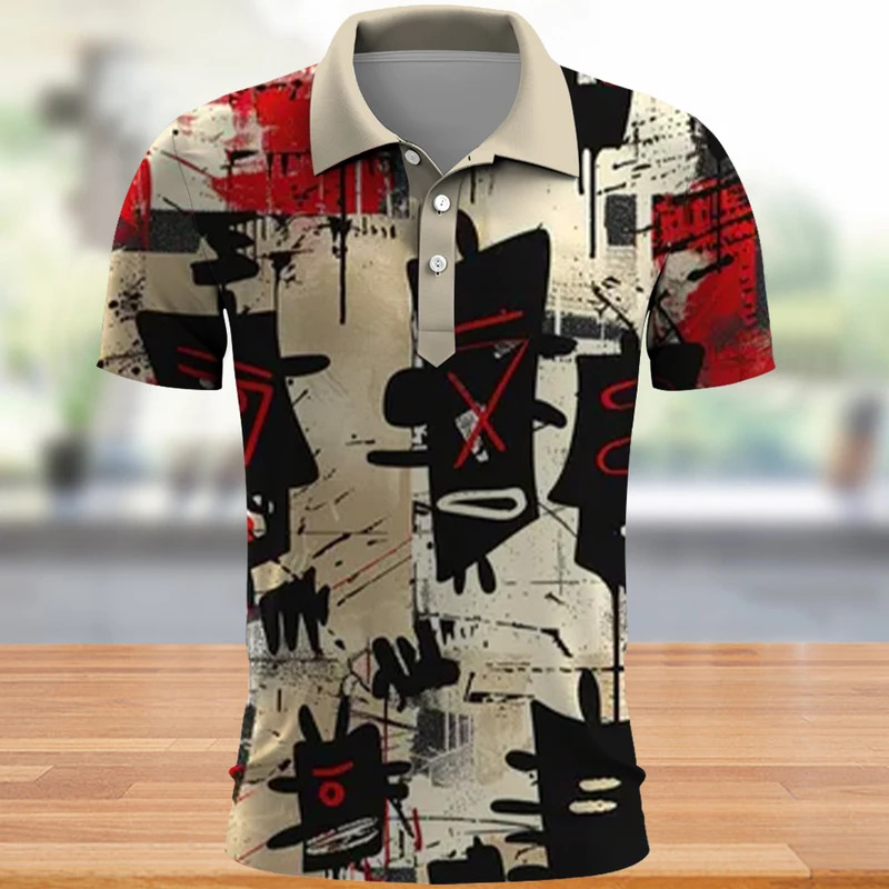 COD COD Áo polo nam in tàu mặt svỡ cổ kính, thời trang đường phố hàng ngày, Áo Polo Cổ Tích Tay Bạc Bạc - 4