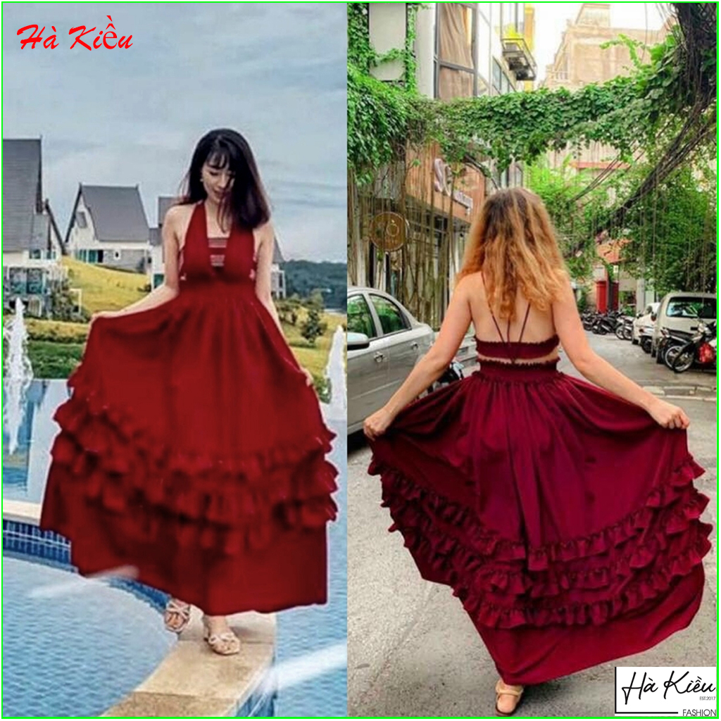 [HCM]Đầm váy nữ maxi đi biển dã ngoại chụp hình nhíu tầng hở lưng sống ảo siêu xinh Hà Kiều MSP370.