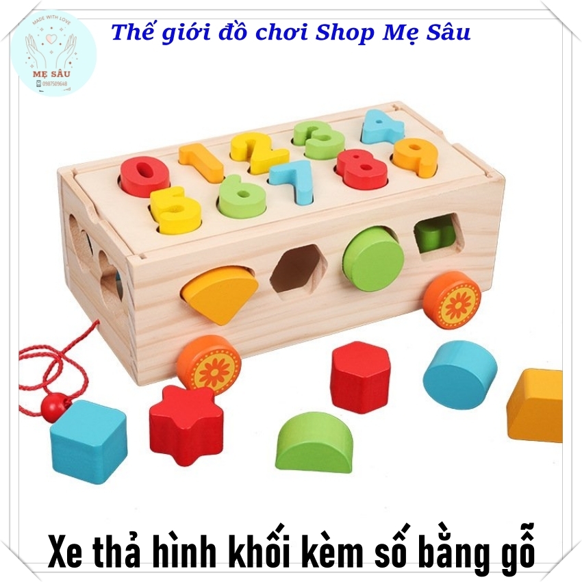Đồ chơi xe thả hình khối bằng gỗ Shop Mẹ Sâu, đồ chơi thả khối gỗ xe thả hình kèm số cho bé gồm 12 hình khối và 10 số đếm với màu sắc bắt mắt kích thước 24x12x8cm, giúp bé phân biệt hình khối, số đếm và màu sắc