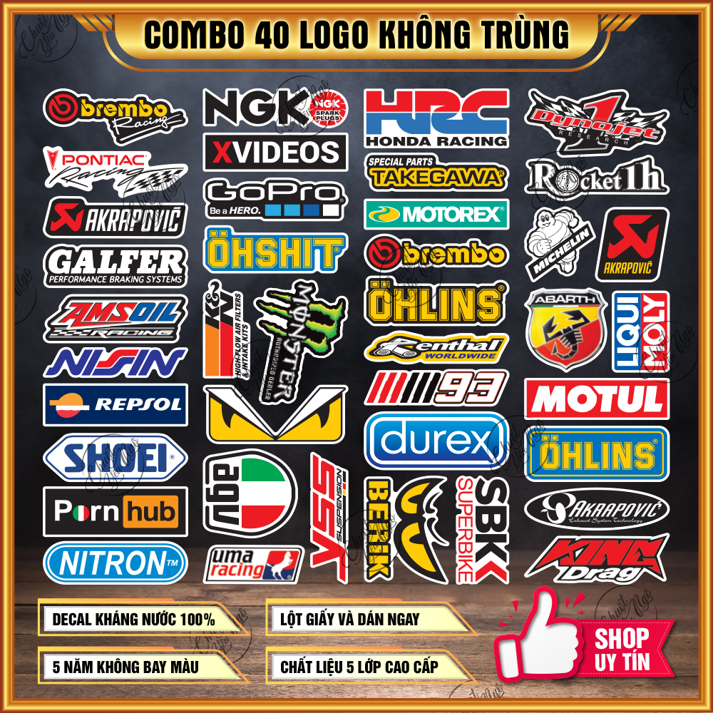 Combo 40 sticker hình dán decal tem logo trang trí xe máy nón bảo hiểm laptop chất liệu chống thấm nước