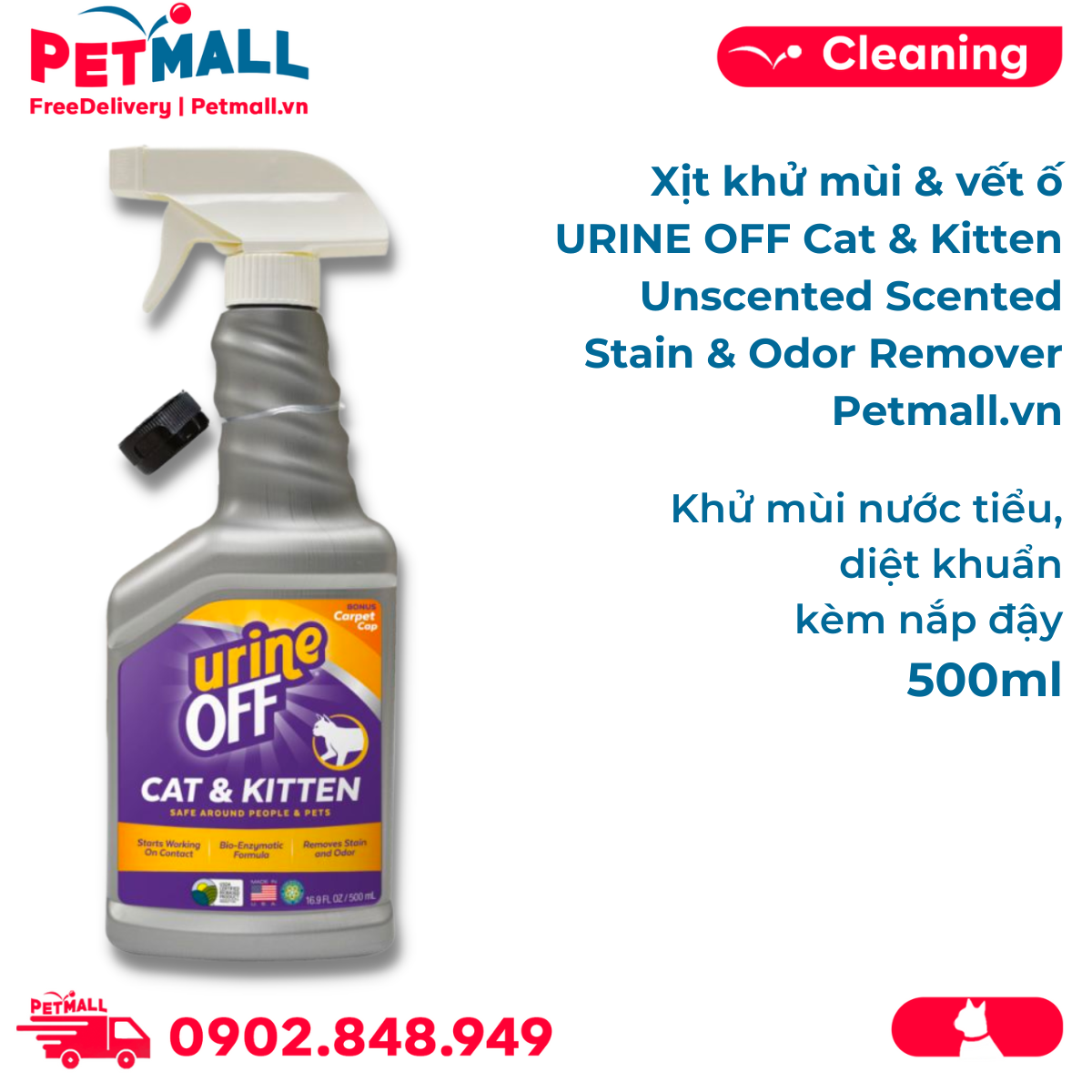 Xịt khử mùi & vết ố URINE OFF Cat & Kitten Unscented Scented Stain & Odor Remover 500ml - khử mùi nước tiểu, diệt khuẩn không mùi Petmall