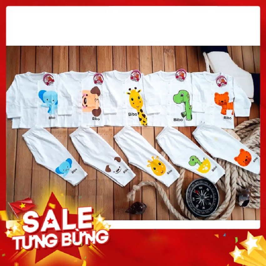 Sét 5 Bộ Quần Áo Sơ Sinh Cho Bé Từ 5-15kg | Bộ Dài Tay Thu Đông Bibo Trắng Cài Cúc Giữa Cho Bé | Quần Áo Trẻ Em | Đồ Sơ Sinh