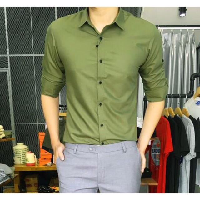 Áo sơ mi nam, so mi nam, sơ mi nam vải lụa thái chống nhăn Xanh Rêu