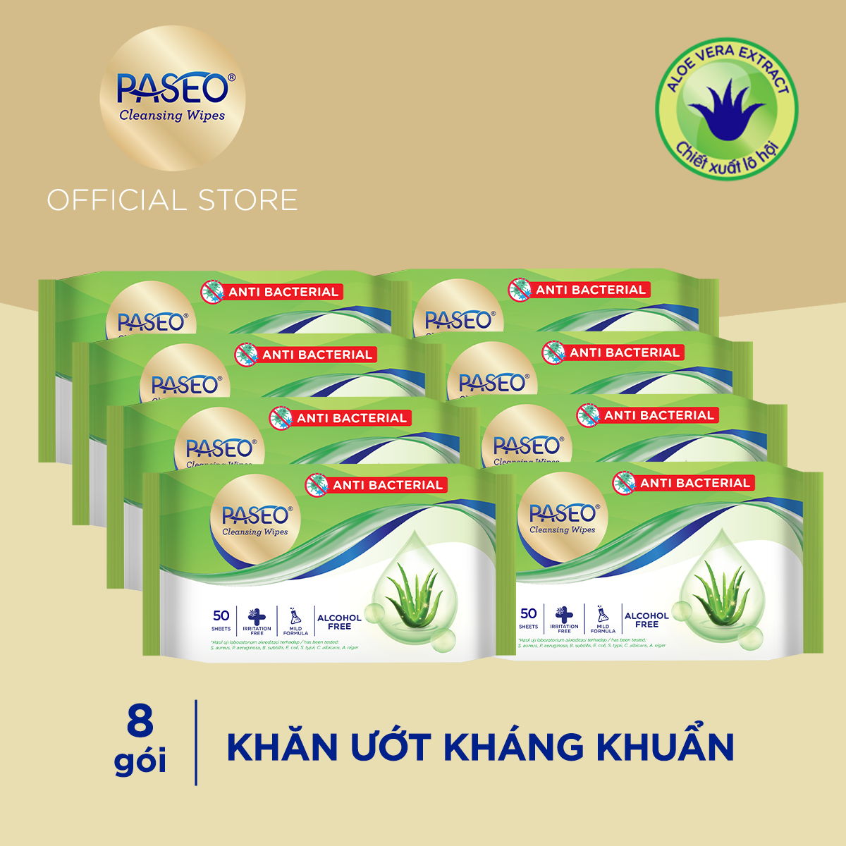 Combo 8 gói khăn ướt kháng khuẩn Paseo không cồn, không parabens chiết xuất lô hội /gói