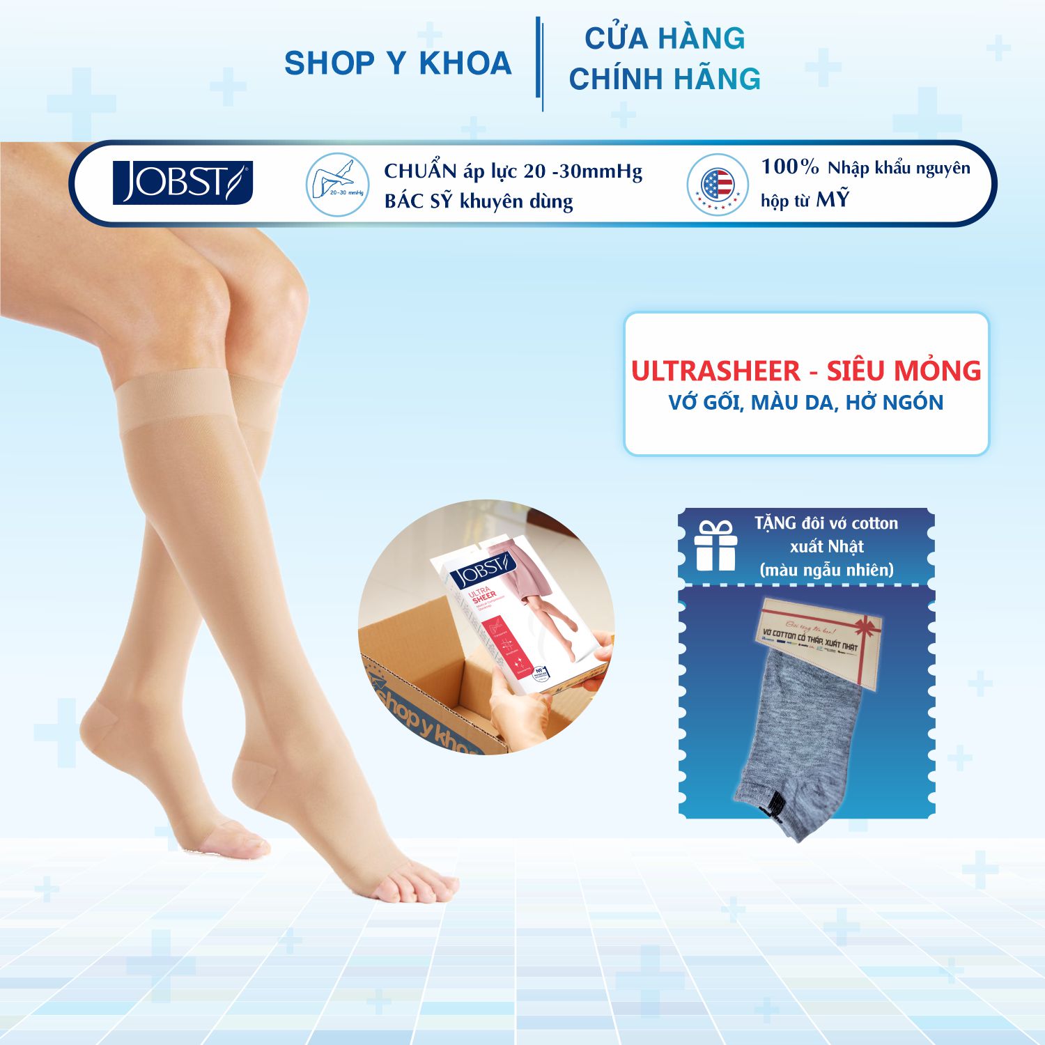 [CÓ QUÀ TẶNG] Vớ Y Khoa JOBST Ultrasheer Gối, Màu Da, Hở Ngón, Suy Giãn Tĩnh Mạch, Áp Lực 20-30mmHg (Tất Y Khoa)
