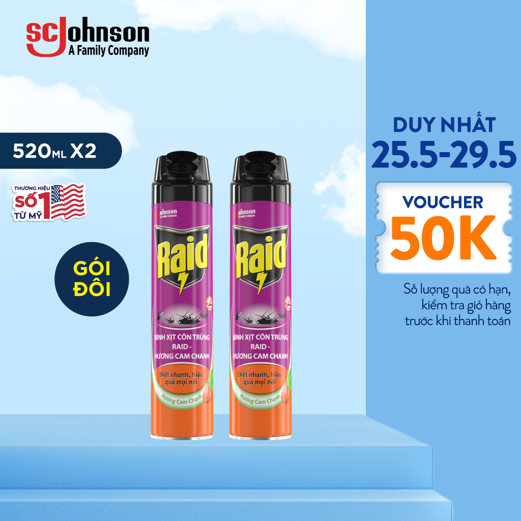 RAID - BỘ 2 CHAI XỊT CÔN TRÙNG HƯƠNG CAM CHANH 520ML x 2