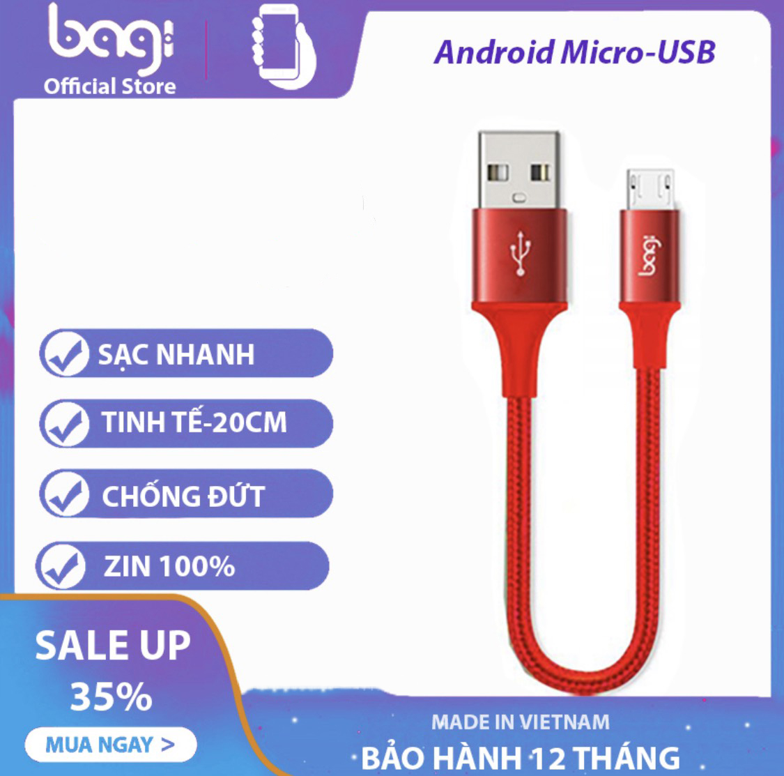 [HCM]Cáp ngắnbộc dùsạc nhanh Cho samsungxiaomioppodài 20cm...Cổng Micro USB-Bagi MS20