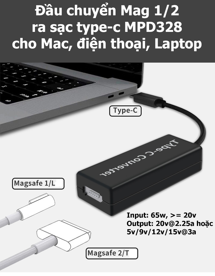 Cáp chuyển sạc Magsafe 1, 2 ra cổng type c 65w cho iPad, điện thoại, máy tính bảng