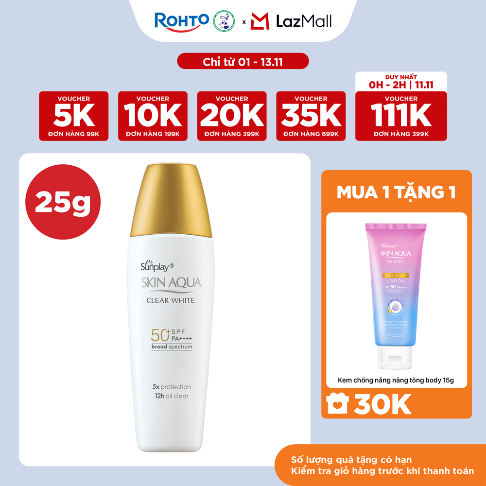 Kem chống nắng Skin Aqua dưỡng trắng, kiểm dầu, dùng hàng ngày dạng sữa Sunplay Skin Aqua Clear Whit