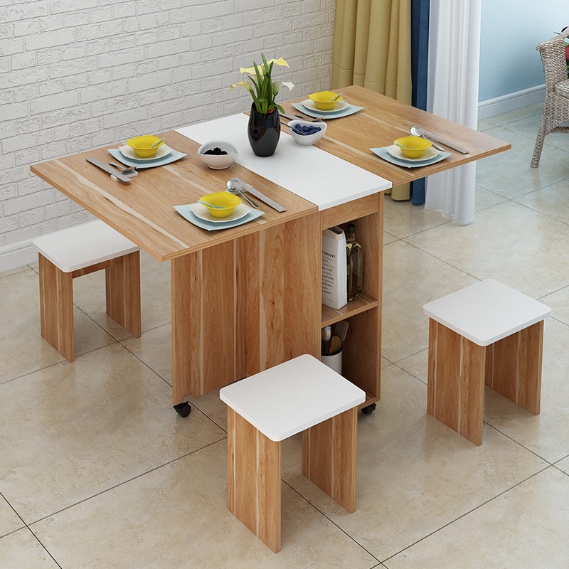 Bộ bàn ăn 4 ghế thông minh có thể gấp gọn bằng gỗ cao cấp