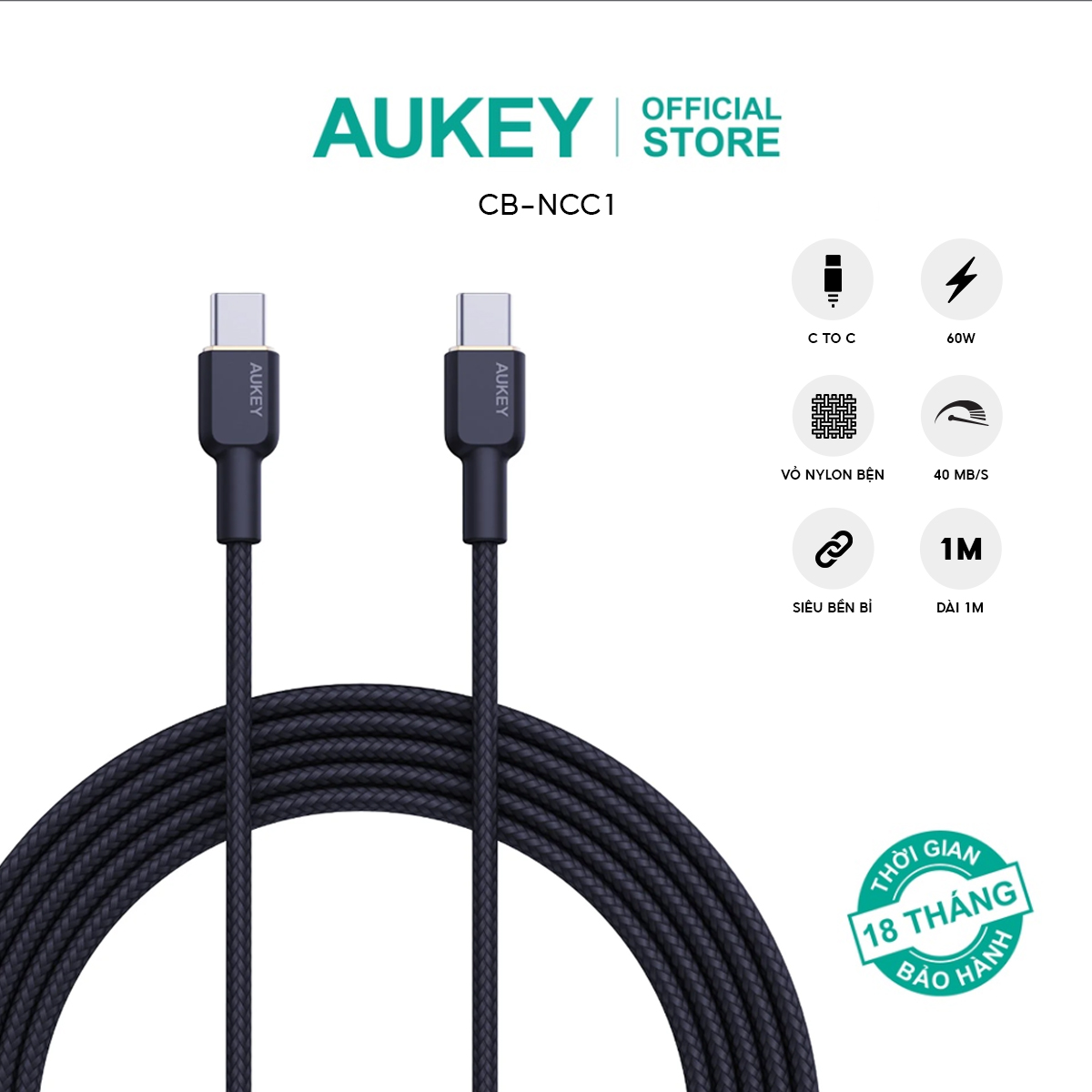 Cáp C - C Aukey CB-NCC1 bọc dù 1m, màu đen