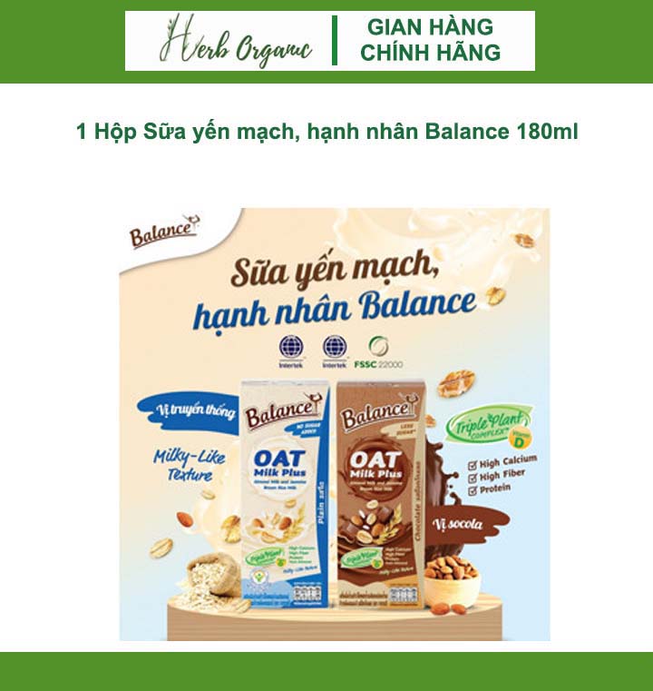 [HÀNG MỚI] 1 Hộp Sữa yến mạch, hạnh nhân Balance 180ml (Vị Truyền Thống & Vị socola)