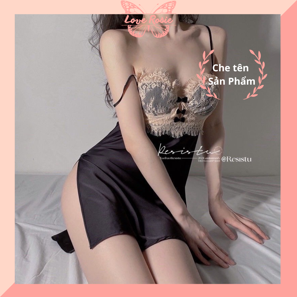 Váy ngủ lụa phối ren ngực xẻ vạt sexy, đầm ngủ nữ quyến rũ love rosie v27