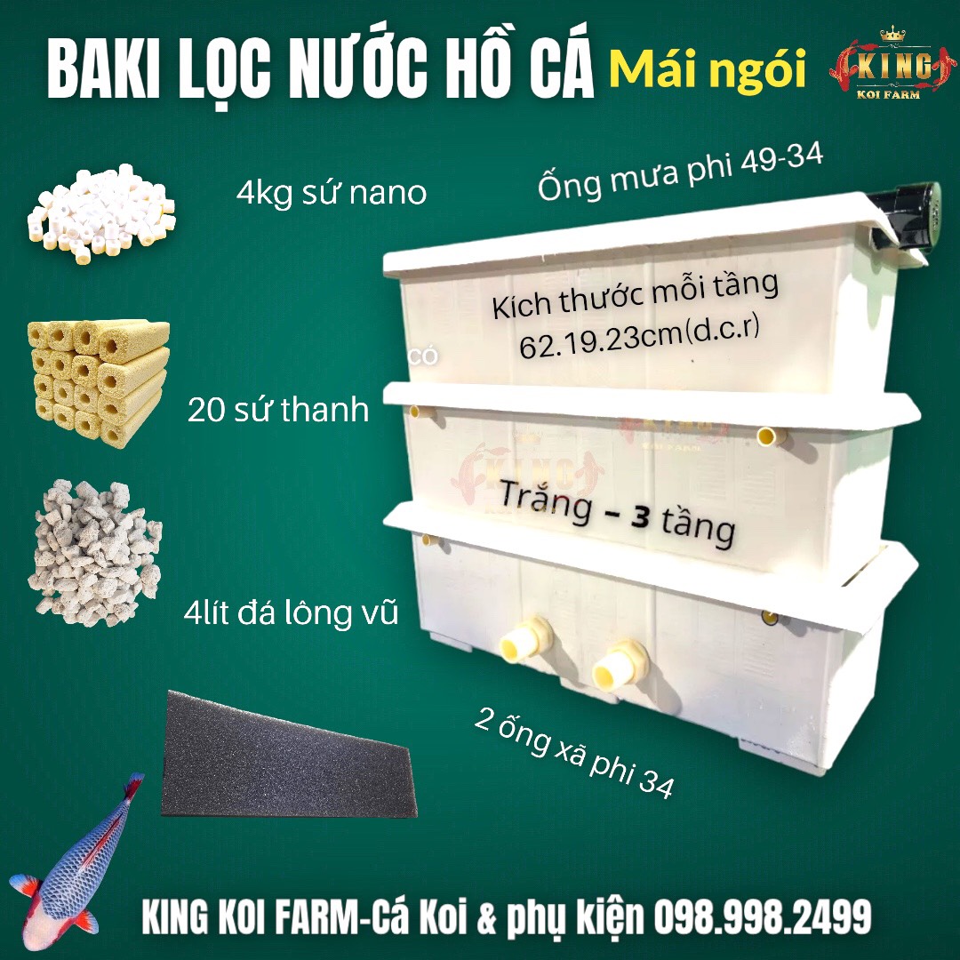 Baki lọc trắng mái ngói 3 tầng lọc nước hồ cá Koi có đầy đủ vật liệu
