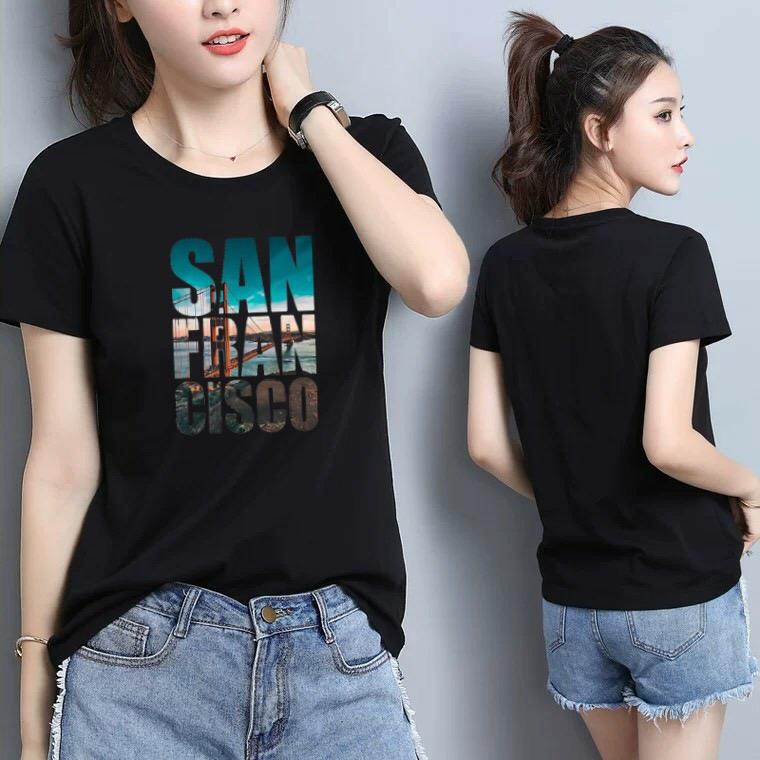Áo thun nữ cổ tròn form suông vừa in chữ SanFrancisco thun 4 chiều từ 40-56kg