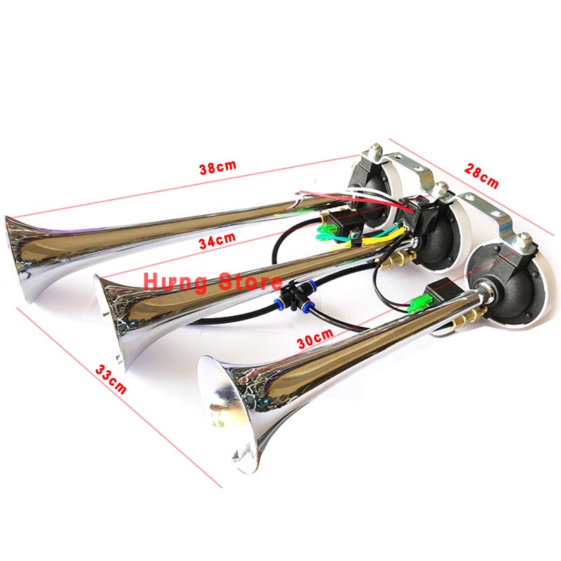 Còi hơi ngân 3 loa cao cấp 24v Cho xe có bình hơi - đầu kéo - xe tải