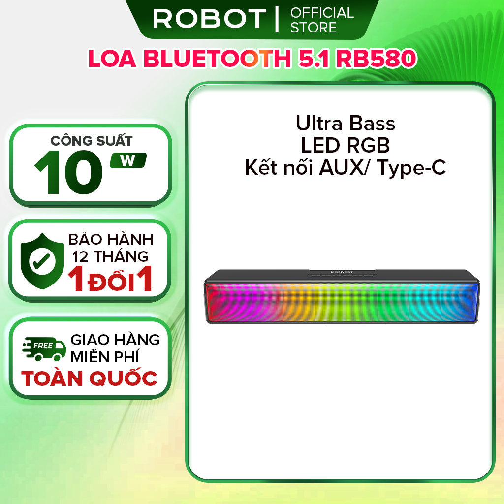 Loa bluetooth thanh soundbar Robot RB580 công suất lớn 10W LED RGB để bàn bass mạnh âm thanh hay pin lâu hỗ trợ thẻ nhớ TF chất lượng tốt sang trọng nhỏ gọn