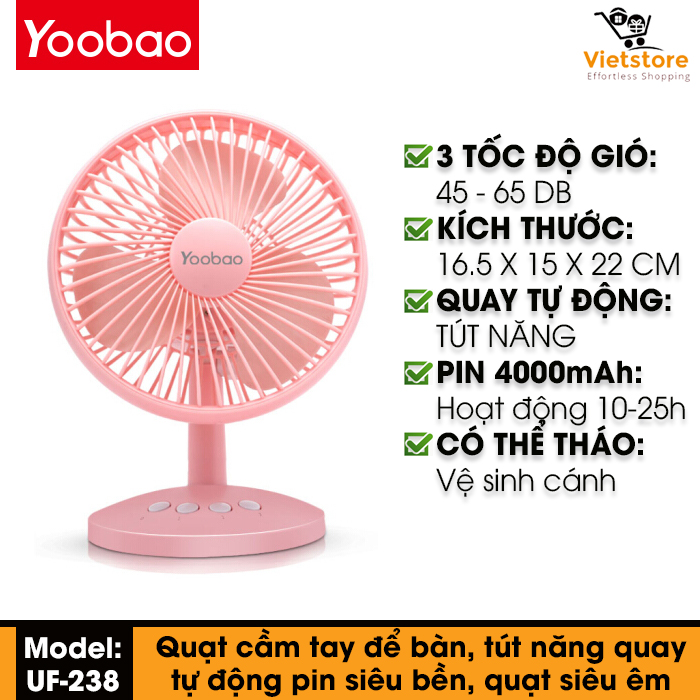 Quạt mini để bàn Yoobao USB Oscillating Fan (UF-238) tích điện pin sạc siêu bền 4000mAh hoạt động liên tục từ 10-16h, góc quay lên đến 90 độ với 3 chế độ gió tùy chỉnh