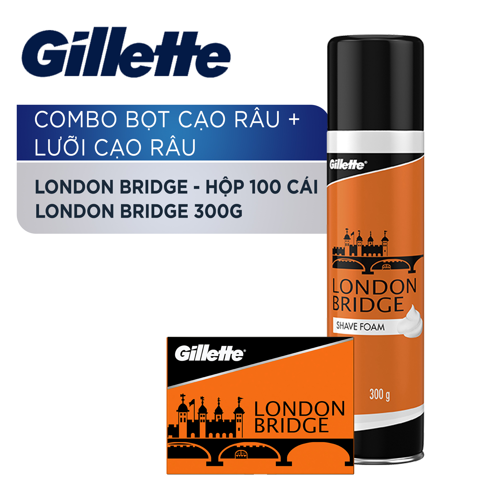 Combo Bọt cạo râu Gillette London Bridge 300g + Lưỡi Lam Gillette London Bridge - hộp 100 cái dành cho Barbershop