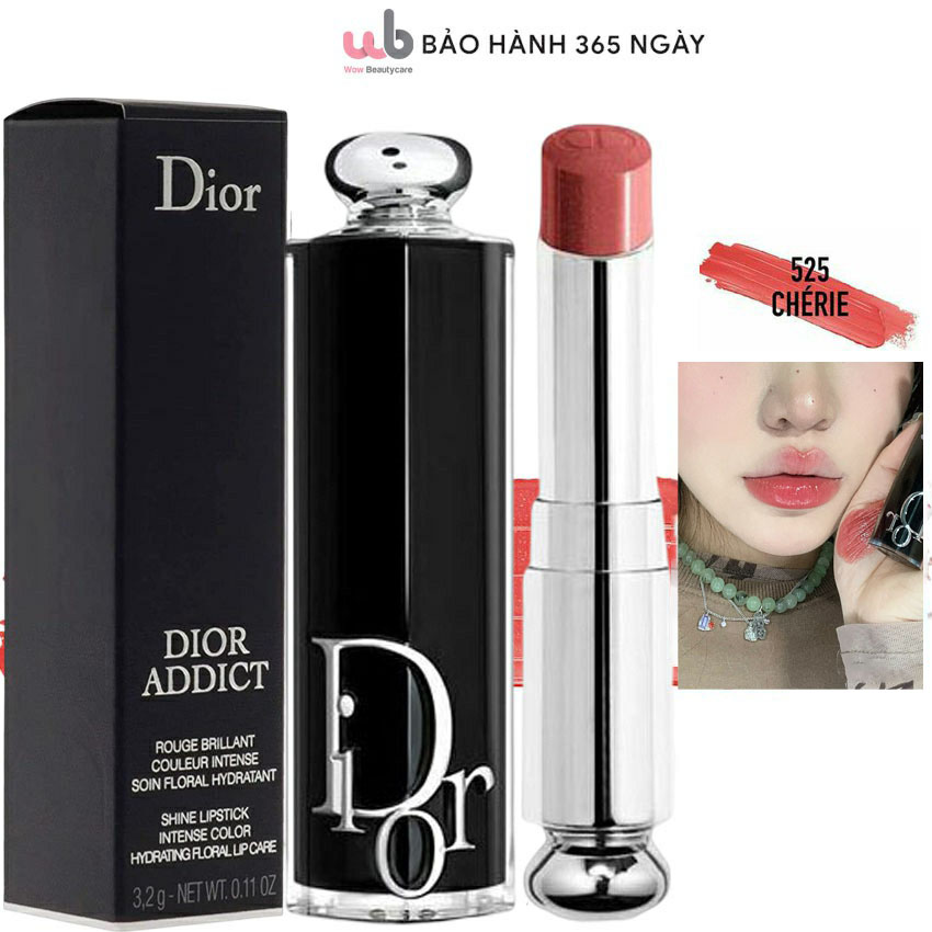 Son Dưỡng Dior 525 Chérie màu hồng đào,Addict Refill,Full Box Túi + Hộp,Độ bám màu lên đến 6 giờ,dưỡng ẩm lên đến 24h.Tặng kèm quà xịn sò