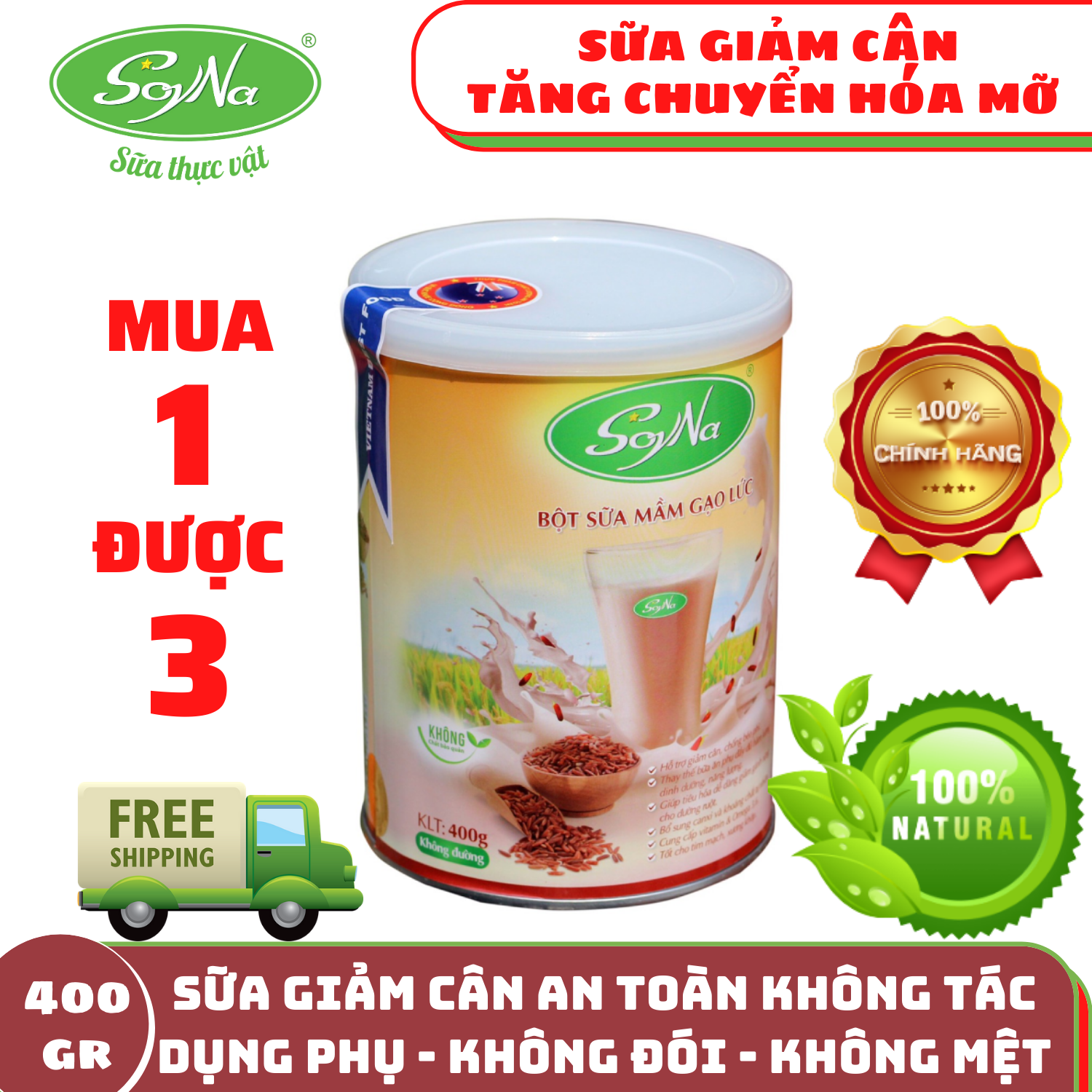 Sữa mầm gạo lứt-SỮA GIẢM CÂN SoyNa có đường cỏ ngọt cho người ăn kiêng,GIẢM CÂN AN TOÀN, KHÔNG ĐÓI, KHÔNG MỆT, KHÔNG TÁC DỤNG PHỤ ,tiểu đường 400GR .Đã Kiểm Định Chất Lượng AnToàn.